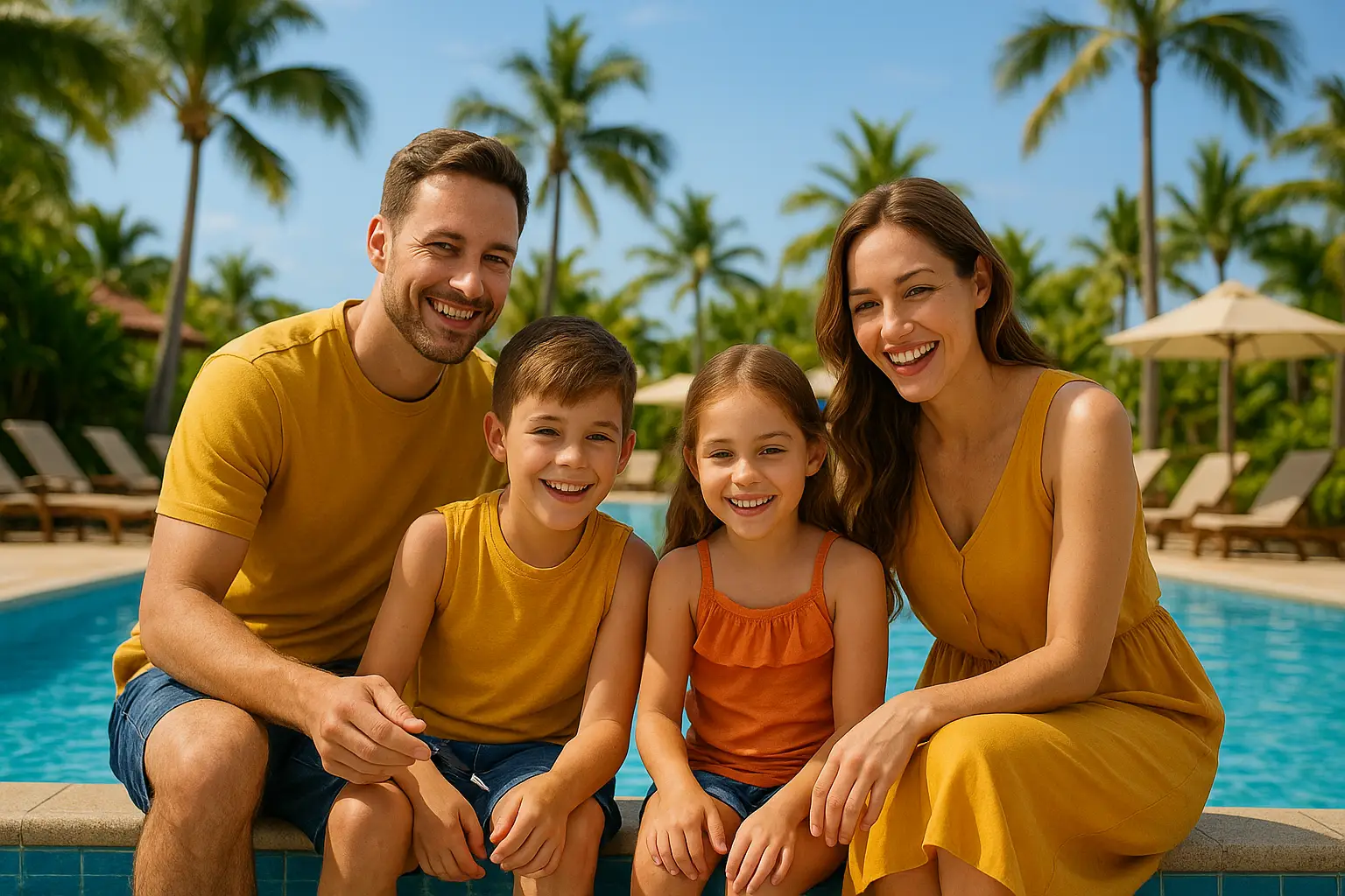 Família feliz e relaxada na piscina de um resort em Olímpia.