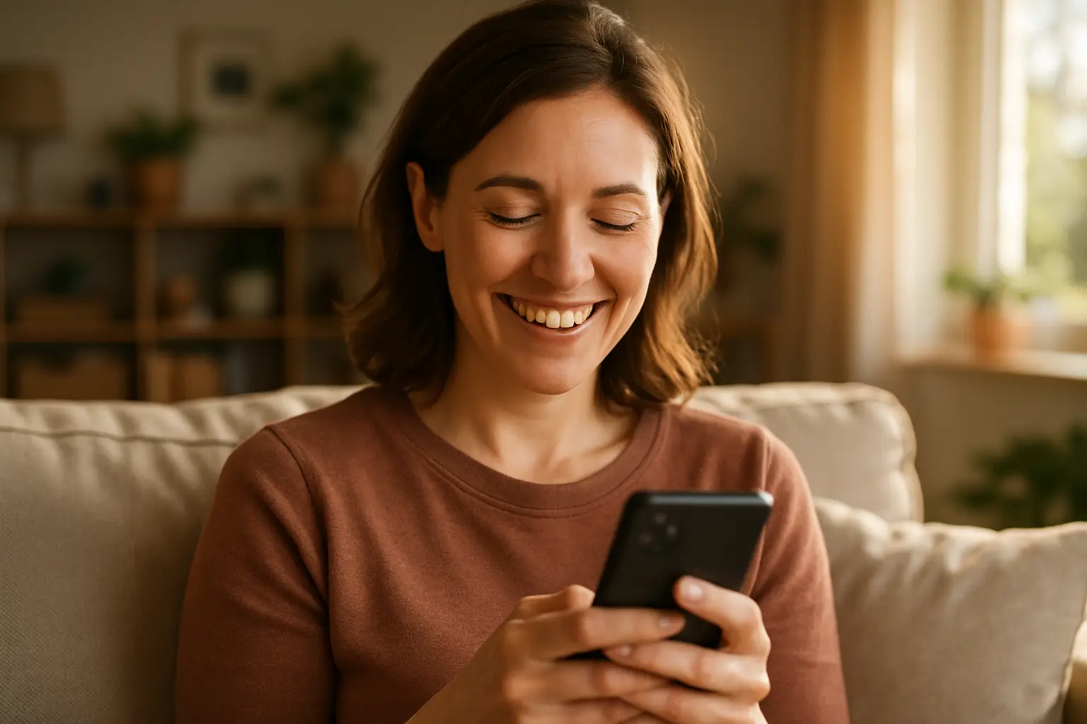 Pessoa sorrindo ao resolver a viagem pelo celular de forma rápida e prática.