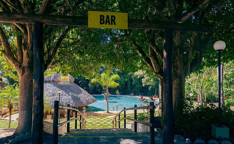 Área do bar com telhado de sapé, integrado à natureza.