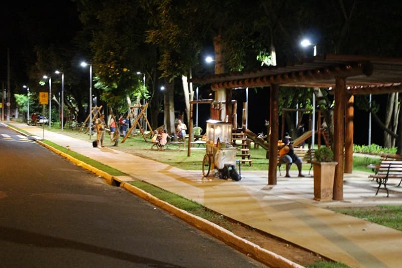 Avenida Aurora Forti Neves em Olímpia, iluminada à noite com coqueiros