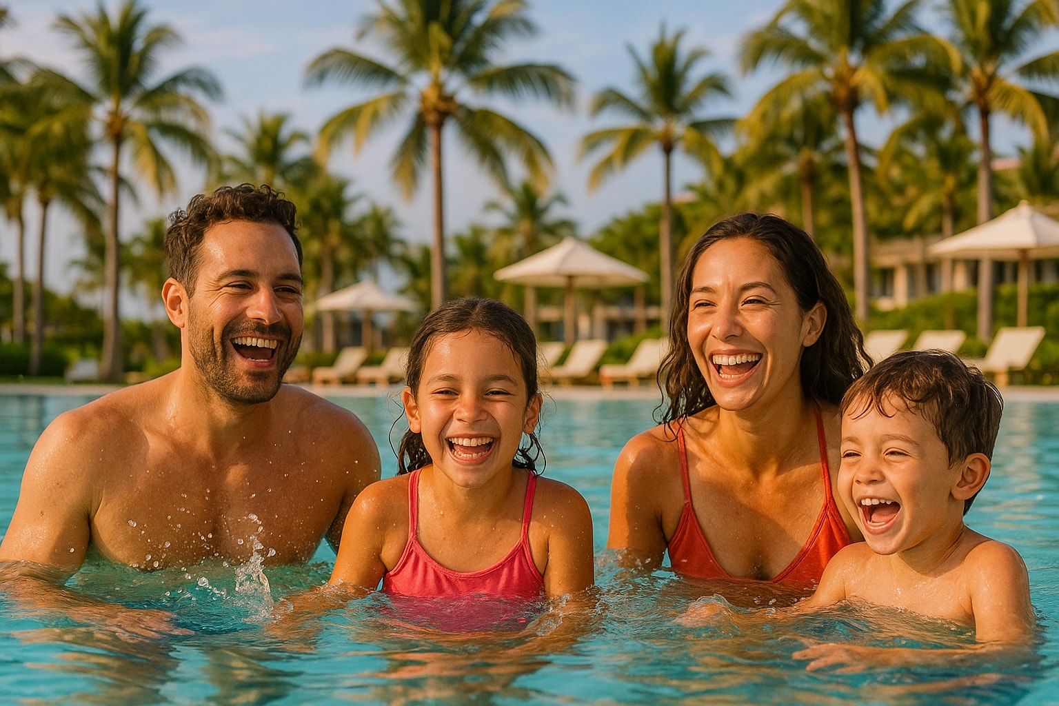 Família sorrindo e se divertindo em um parque aquático em Olímpia, um destino de férias ideal.