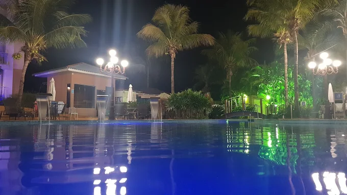 Borda da piscina iluminada à noite, com coqueiros ao redor.
