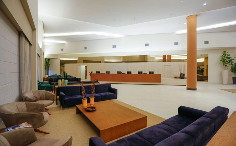 Sala de estar de um apartamento com sofá e vista para a cozinha.