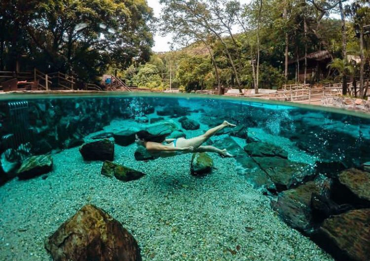 Pessoas nadando em um fervedouro de águas azuis cristalinas.