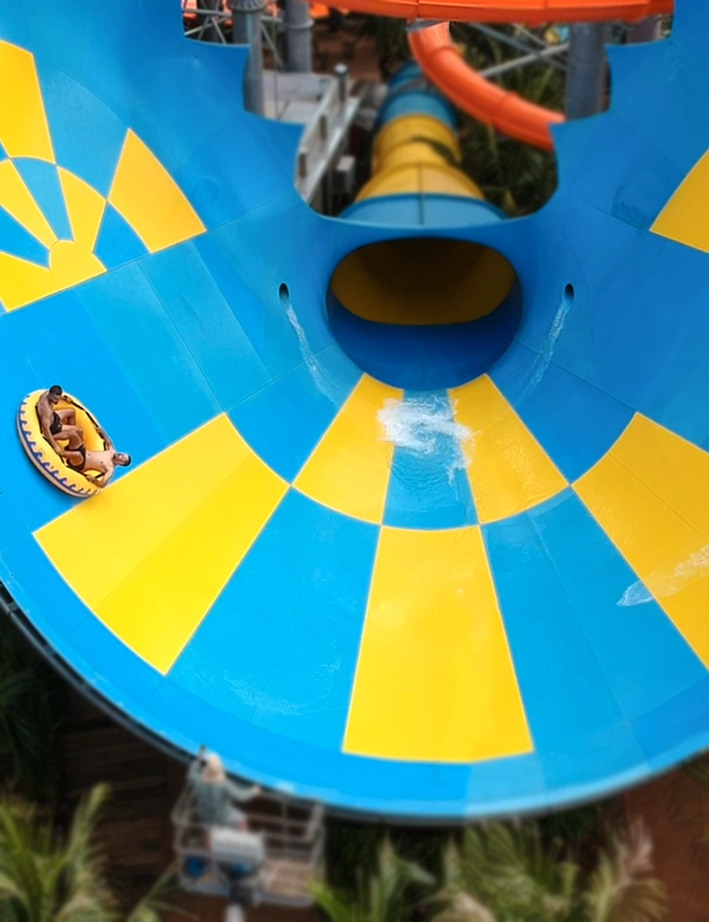 Diversos toboáguas coloridos saindo de uma torre em meio a coqueiros.